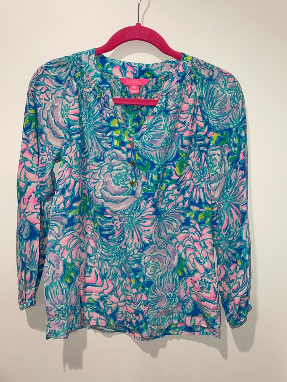 Lilly Pulitzer Elsa Floral Print Long-Sleeve Blouse in Teal and Pink